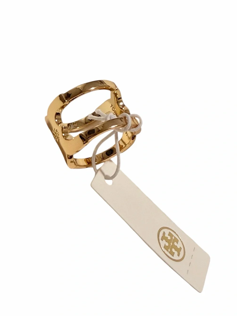 NWT Tory Burch Gemini Gold Logo Double-Loop Ring Size 8